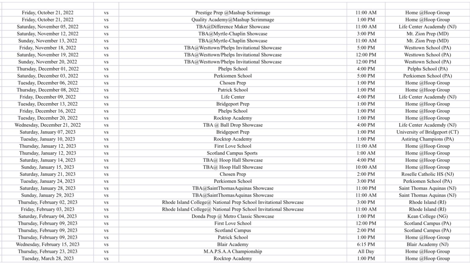 Game Schedule 2022 2023